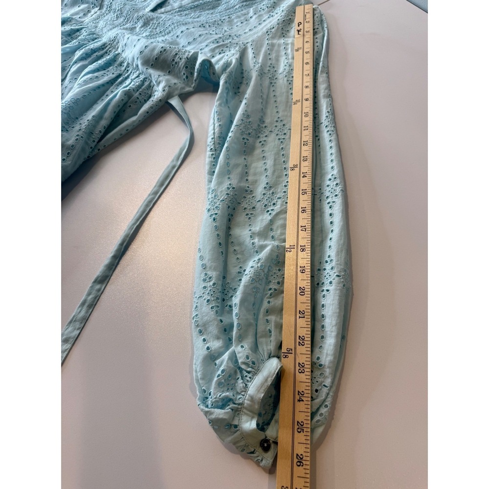 Anthropologie Eyelet Mini Dress Womens Size 6 Light Blue V-Neck Long Sleeve Boho - Picture 7 of 8